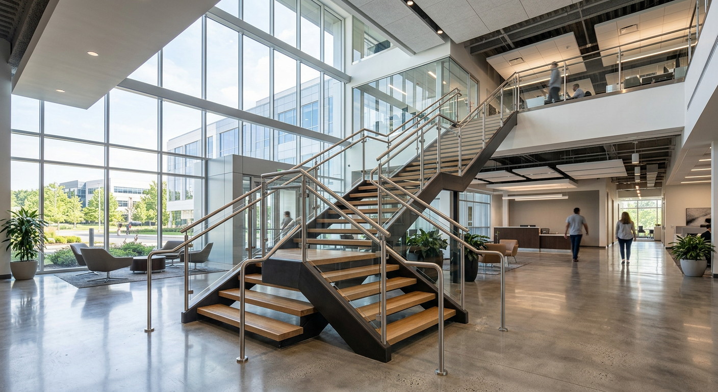 Contemporary interior staircase with glass railings