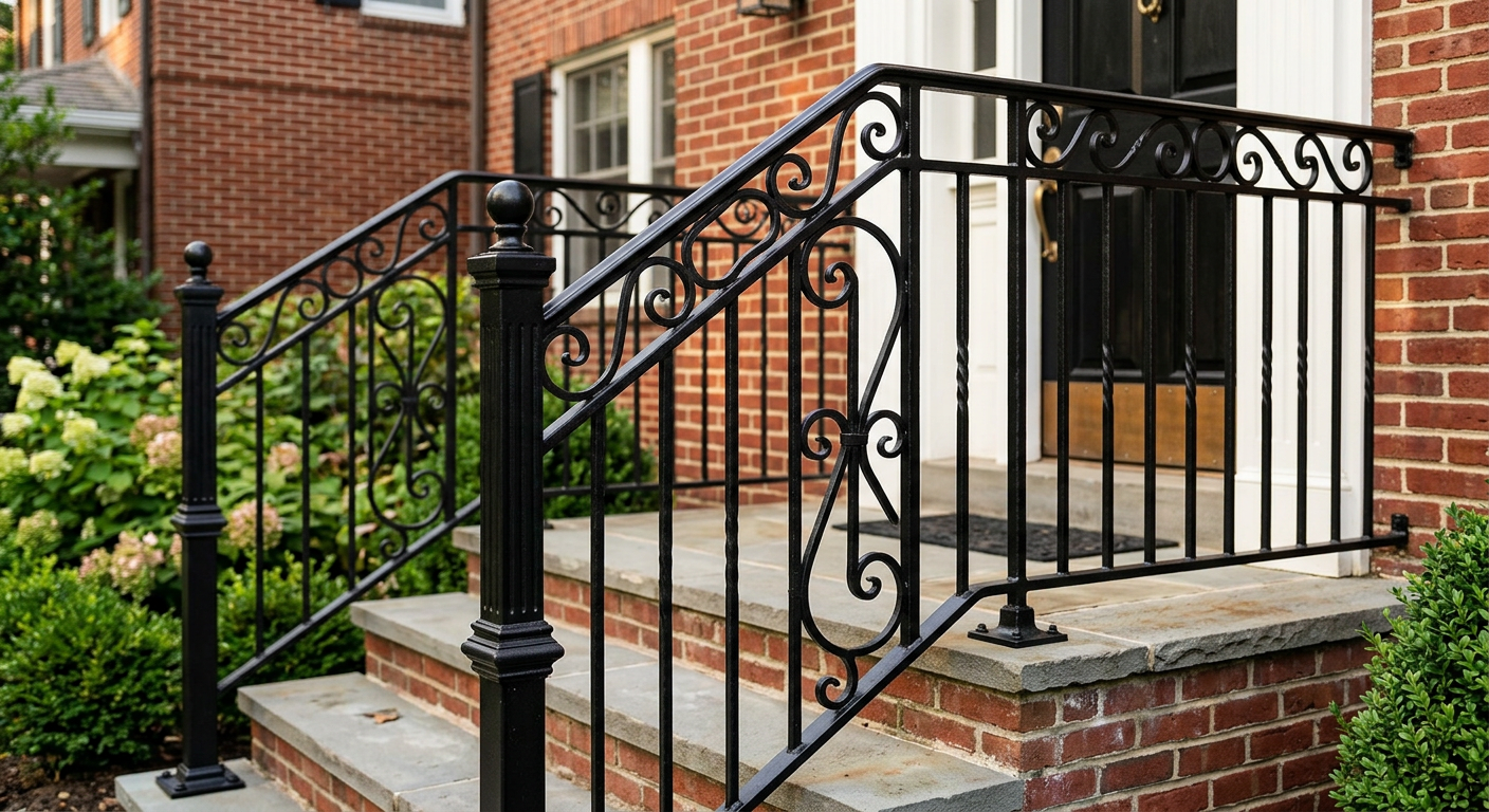 Ornamental aluminum railings on brick porch in NJ